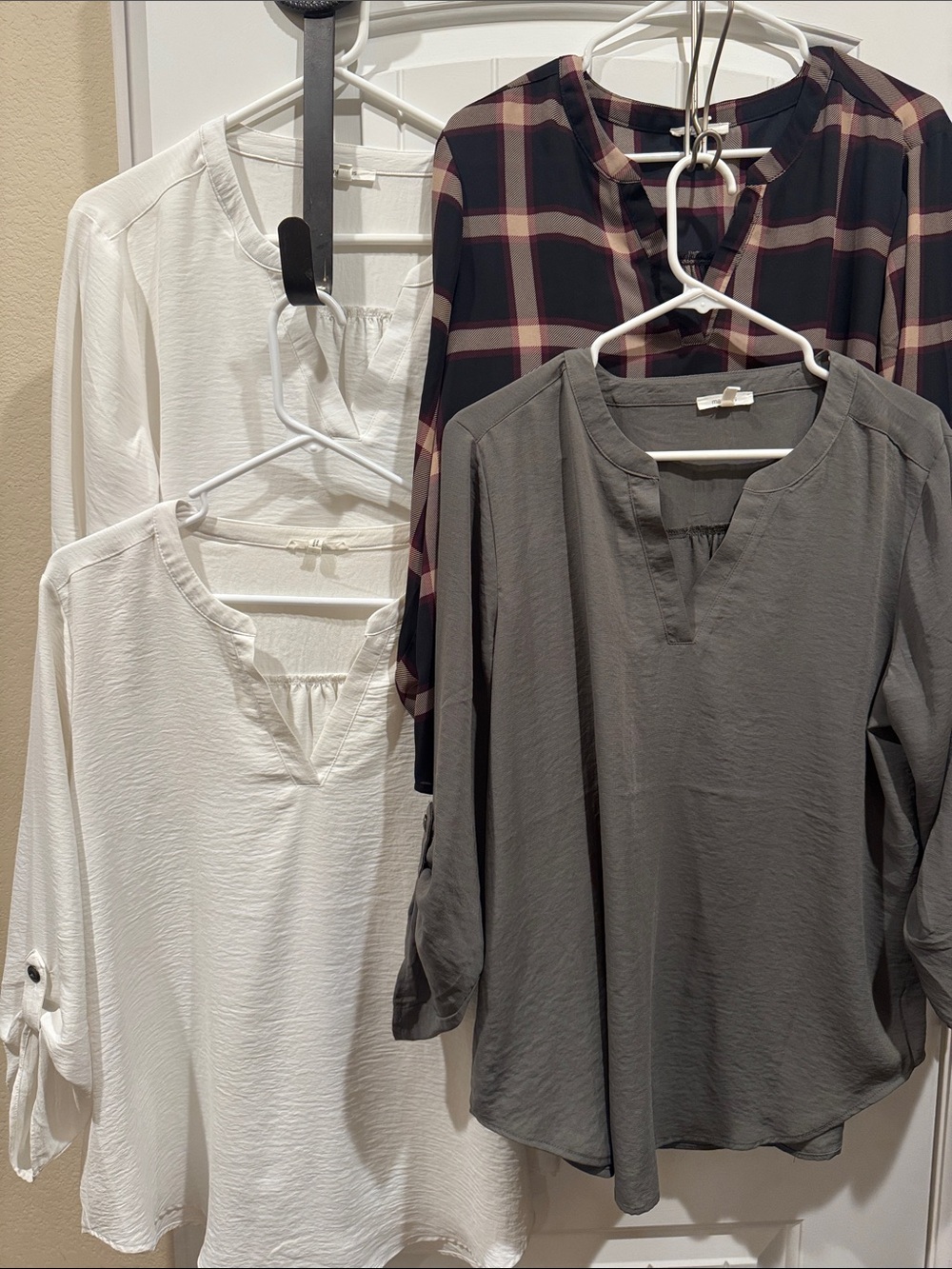 SET of 4 Maurices Gray V-Neck Blouse with White & Plaid Options
